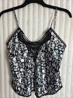 90s Indulgence Black Floral Lace Trim Cami Top - Pastel Flowers 34/M